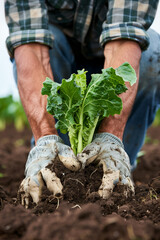 Hands of a farmer, wearing worn gloves planting green plant in the rich, brown soil. The farmer is wearing a plaid shirt, indicating a casual yet working environment.