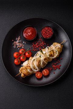 Delicious fresh chicken meat kebab with salt, spices and herbs