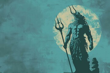 Neptune minimalist god of sea with trident and blue silhouette against moon - obrazy, fototapety, plakaty