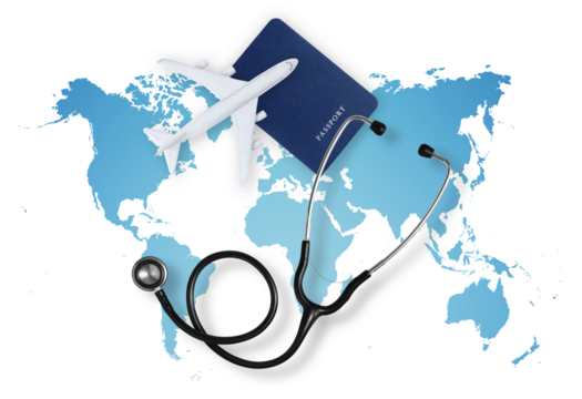 Top view of a passport with airplane and a stethoscope on world map background, medical insurance travel concept whether it's a summer beach vacation or a business trip. Health and safety