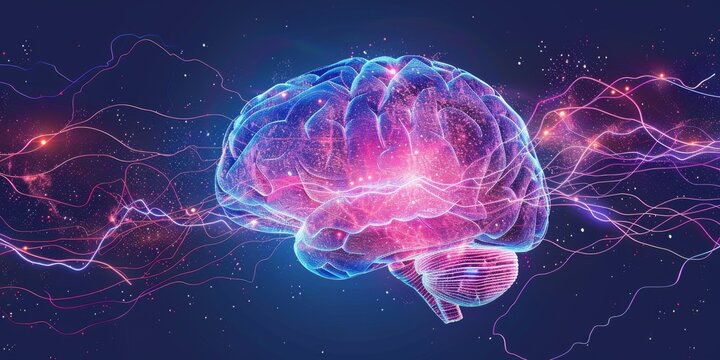 Dynamic digital illustration of a human brain with electrical activity sparks, symbolizing intelligence and neural connections.