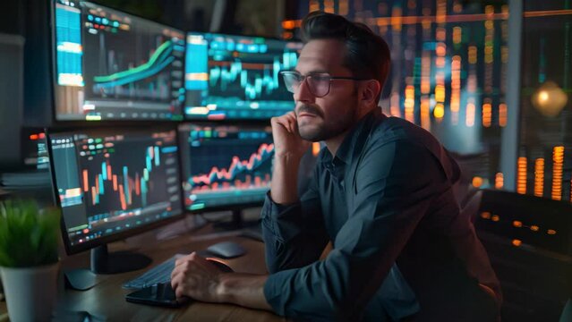 Man analyzing financial data on multiple computer screens. Finance and trade concept. Office setting for design of business, analytics, and stock market themes.