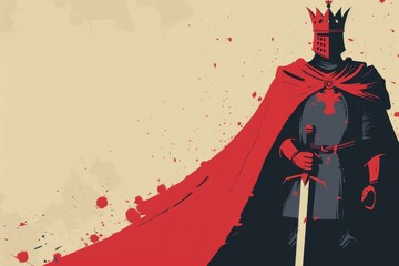 King Arthur illustrated as a legendary monarch in a minimalist medieval style with a crown and sword draped in a red cape - obrazy, fototapety, plakaty