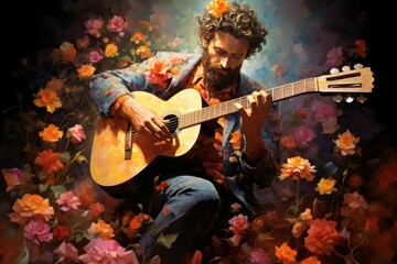 Obraz premium Serene Man guitar roses garden. Music love. Generate Ai