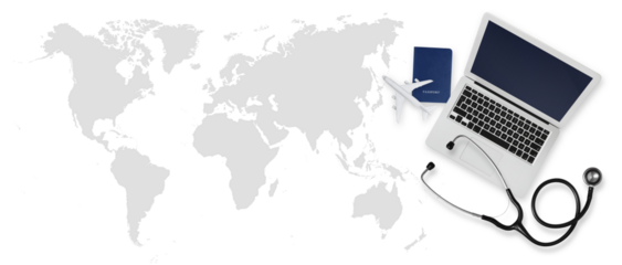Top view of a passport with airplane, computer and a stethoscope on world map background, medical insurance travel concept whether it's a summer beach vacation or a business trip. Health and safety