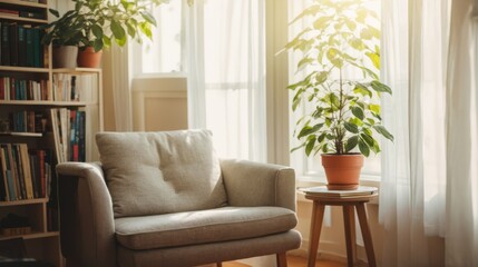 A cozy armchair bathed in sunlight by the window next to books and a small potted plant 