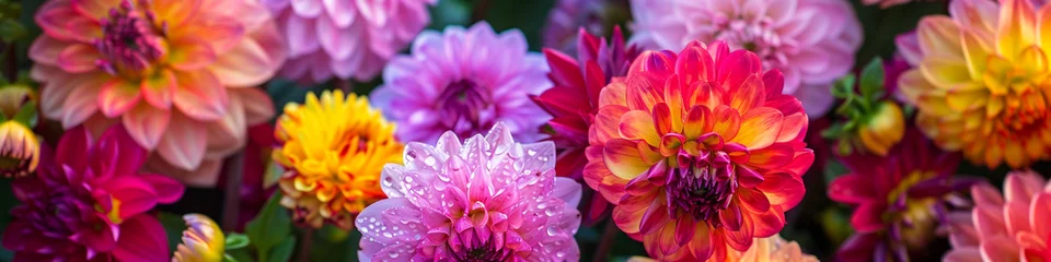 Fototapete Colorful Dahlia Mix blooms with rain drops, in rustic garden in sunset background © Alexander