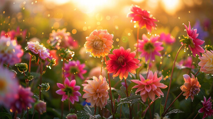 Fototapeta na wymiar Colorful Dahlia Mix blooms with rain drops, in rustic garden in sunset background