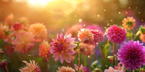 Colorful Dahlia Mix blooms with rain drops, in rustic garden in sunset background