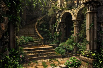 Ancient ruin staircase with overgrown plants