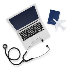Top view of passport with airplane, computer and a stethoscope isolated on white background, medical insurance travel concept whether it's a summer beach vacation or a business trip. Health and safety