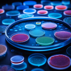 Colonies of different colorful bacteria and mold fungi grown on Petri dish. Lab technician researching. Development of Microbiology and Virology science Concept