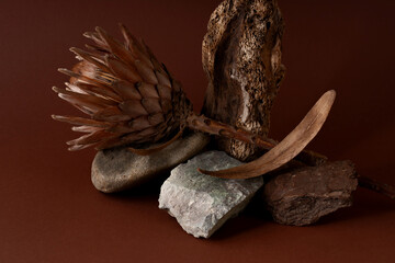 Podium for exhibitions and product presentations material stone wood branch. Beautiful brown background made of natural materials. Abstract nature scene with composition.