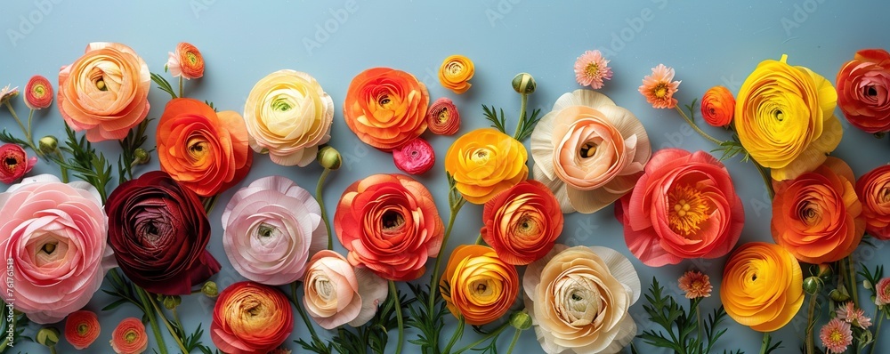 Canvas Prints Rainbow Ranunculus Floral Flat Lay Background