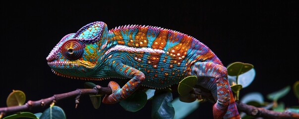 realistic multicolored chameleon with iridescent skin in speckles sitting on branch of a bush over...