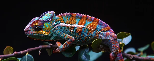 Poster realistic multicolored chameleon with iridescent skin in speckles sitting on branch of a bush over black background © Coosh448