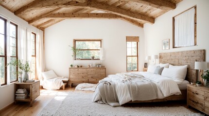 Bedroom showcasing cozy bed, wooden accents, & spacious windows 