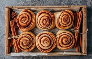 Freshly baked cinnamon rolls in a rustic wooden box with cinnamon sticks