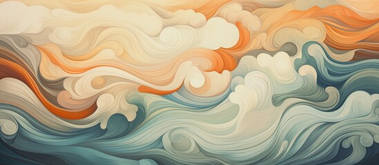A fluid painting capturing the movement of wind waves in the ocean, with the waters surface rippling under the cloudy sky. Visual arts depicting a dynamic landscape