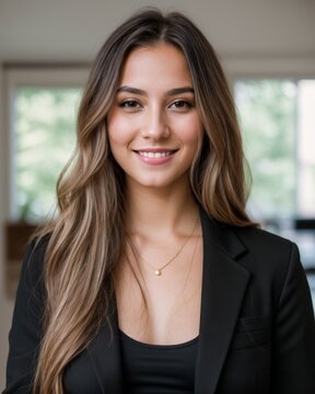 Black blazer young woman indoors subtly smiling with long hair 