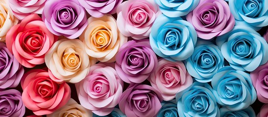 A vibrant display of hybrid tea roses in shades of purple, pink, and blue, showcasing the beauty of these colorful flowers stacked on a table for a stunning botanical photograph