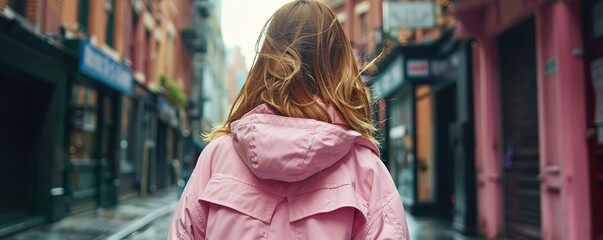 Rear view of woman in pink jacket walking down the street