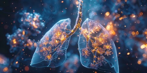 Ethereal 3D rendered lungs with golden particles, depicting a fusion of human anatomy and magical elements.
