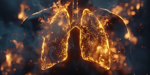 Ethereal 3D rendered lungs with golden particles, depicting a fusion of human anatomy and magical elements. - obrazy, fototapety, plakaty
