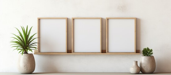 Empty picture frames on wooden shelf against cement wall with plant decoration. Suitable for interior design product display. Clipping path included.