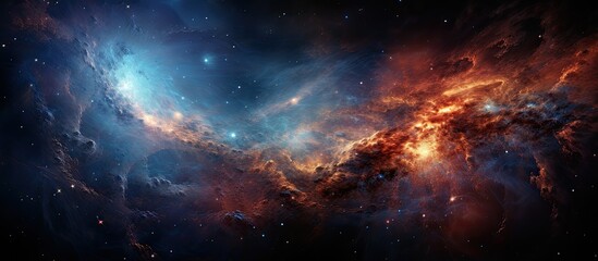 An artwork depicting a vibrant galaxy in outer space, filled with colorful clouds of gas and bright astronomical objects, creating a mesmerizing landscape - obrazy, fototapety, plakaty