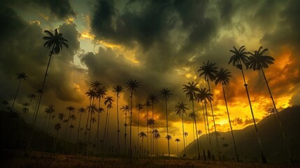 Wax palm trees and a dramatic sky in the Cocora Valley near Salento, Colombia