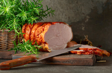 Smoked pork ham on a kitchen table.