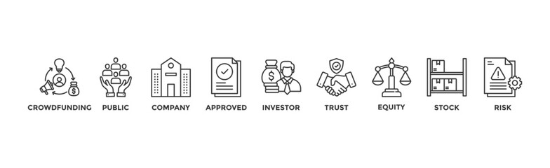 IPO banner web icon vector illustration concept of initial public offering with icon of crowdfunding, public company, approved, investor, trust, equity, stock and risk	