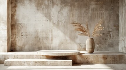 Light travertine podium in bright natural color with light warm grey chalk painted walls. Mock up for natural beauty products. Organic cosmetic products concept, ecofriendly materials. Generative ai