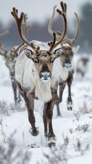 Reindeer running in snowy field under sky