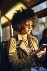 African American woman with phone on public transport Generative AI