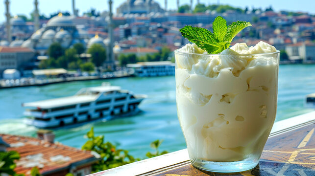 A refreshing glass of ayran with mint leaves overlooks the Bosphorus and Istanbul skyline