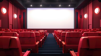Empty cinema interior with red seats and white screen