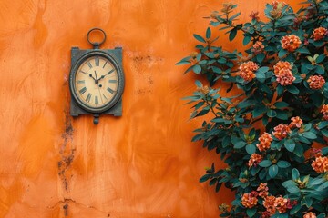 Vintage clock on an orange textured wall