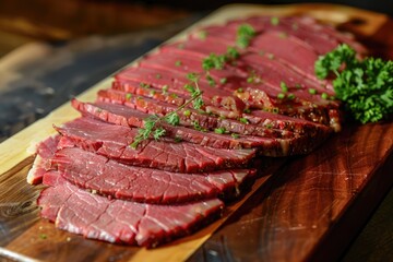 Sliced roast beef on wooden board