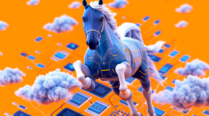 A digital horse with circuit patterns gallops through the sky with clouds and chips below