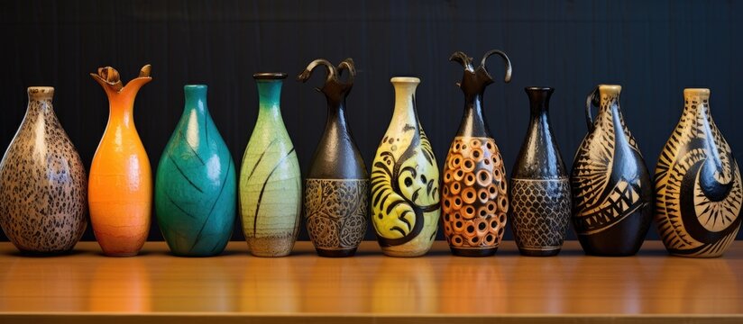 Various colorful glass bottles, resembling art pieces, are displayed on a wooden shelf. The arrangement resembles a row of bowling pins, each containing liquid for drinks