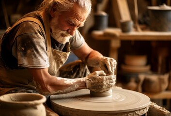 Crafty Man working pottery wheel. Art craft clay artist creativity. Generate Ai
