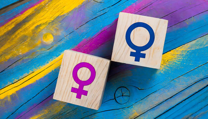 Gender symbols (two gay men) on wooden cubes and colourful wooden textured background