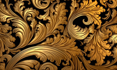 Golden floral pattern background, rococo wallpaper design. Generative ai