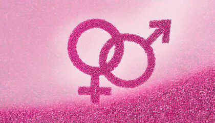 Gender symbols (man and woman) with pink shiny sand background