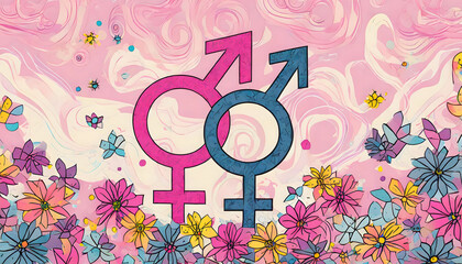Gender symbols (two men and two women) with pink and some colorful flowers background