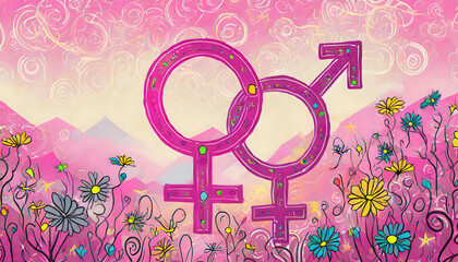 Gender symbols (two men and woman) with pink and some colorful flowers background