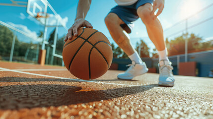 Basketball player is holding basketball ball on a court, close up photo