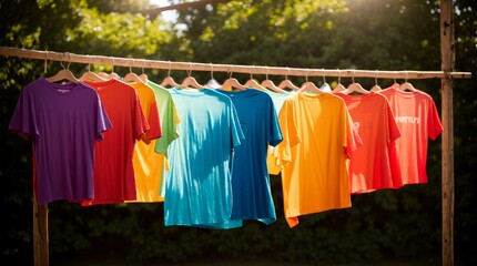 Colorful tops hanging gracefully on a clothesline 